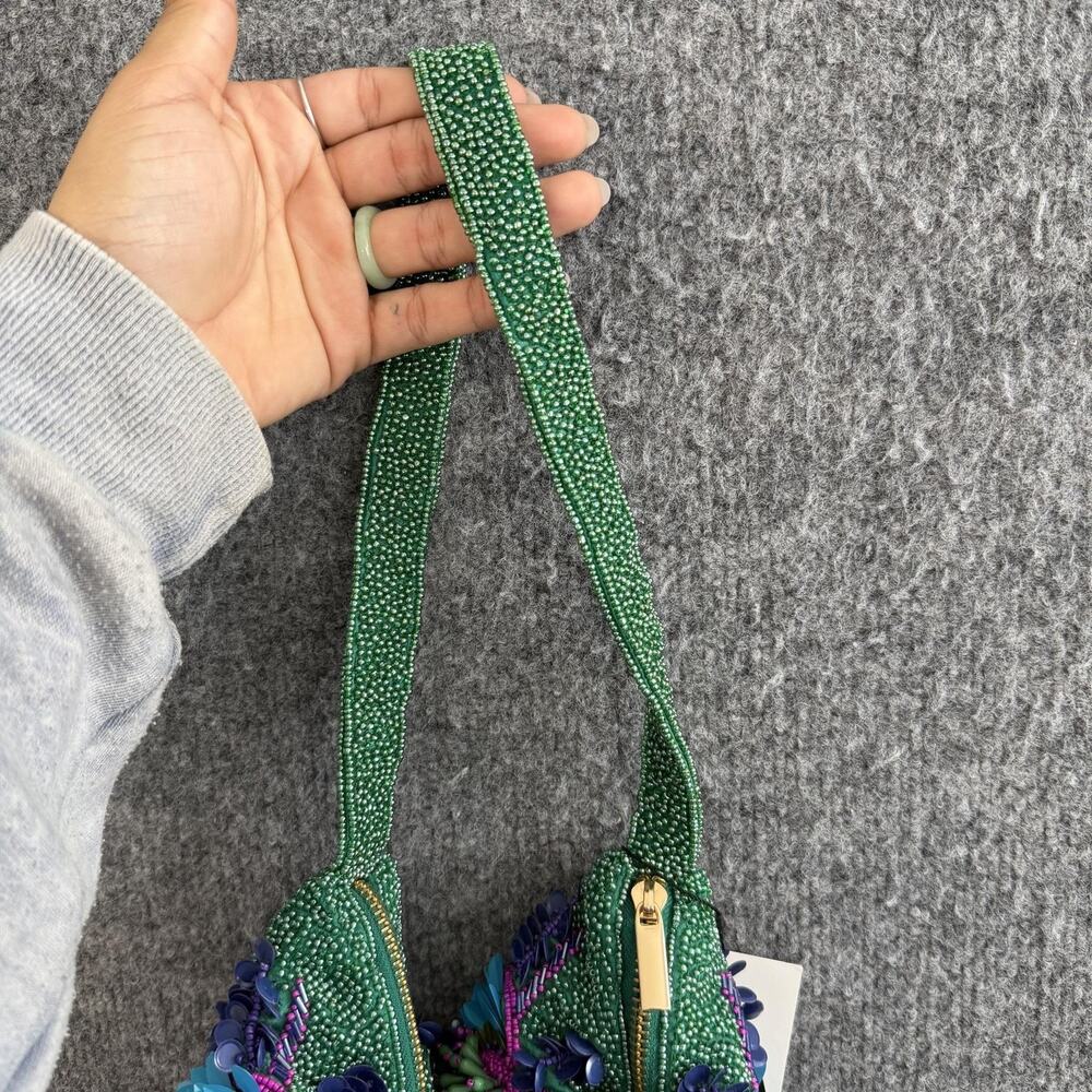 Zara Beaded Floral Shoulder Bag Green Embellished Party Cocktail Purse Artsy - Picture 7 of 12